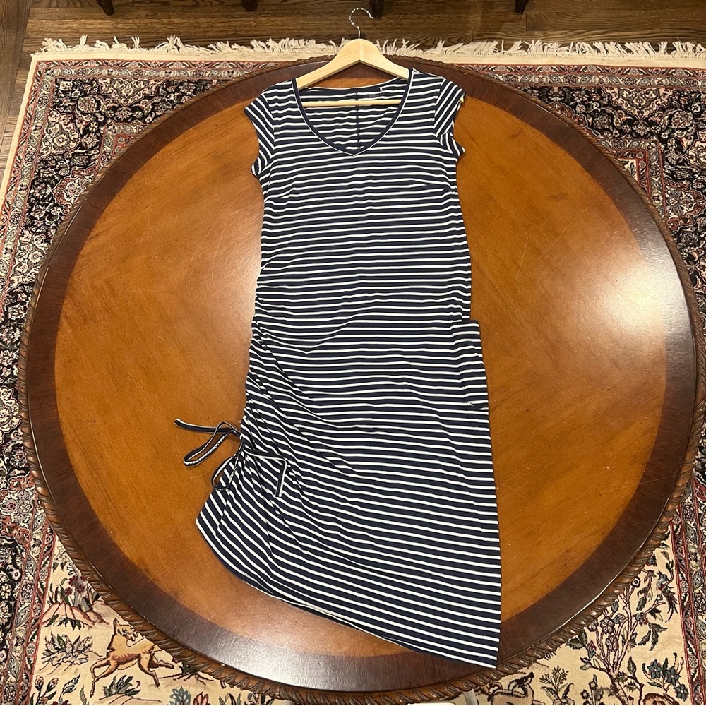 Toad & Co Muse Dress Nautical Navy Stripe Small Midi Short-Sleeve V-Neck Organic - Picture 2 of 16